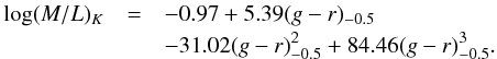 \begin{eqnarray} \log (M/L)_K &= & -0.97 + 5.39 (g-r)_{-0.5} \nonumber\\ && - 31.02 (g-r)_{-0.5}^2 + 84.46 (g-r)_{-0.5}^3. \end{eqnarray}
