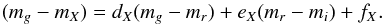 \appendix \setcounter{section}{2} \begin{equation} (m_{g}-m_{X}) = d_{X} (m_{g}-m_{r}) + e_{X} (m_{r}-m_{i}) + f_{X} . \label{colourcolourcolour_relation} \end{equation}