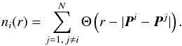 \begin{equation} \label{inner_corr_sum} n_i(r) = \sum_{j = 1,\,j \neq i}^{N} \Theta \left( r - | \vec{P}^i - \vec{P}^j | \right). \end{equation}