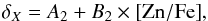 \begin{equation} \delta_X = A_2 + B_2\times {\rm [Zn/Fe]}\mbox{,} \label{eq delta emp} \end{equation}