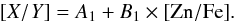 \begin{equation} [X/Y] = A_1 + B_1 \times {\rm [Zn/Fe]} \mbox{.} \label{eq seq rel ab} \end{equation}
