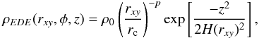 \begin{equation} \rho_{EDE}(r_{xy},\phi,z) = \rho_0\left(\frac{r_{xy}}{r_{\rm c}}\right)^{-p}\exp\left[\frac{-z^2}{2H(r_{xy})^2}\right], \end{equation}