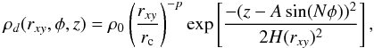 \begin{equation} \rho_d(r_{xy},\phi,z) = \rho_0\left(\frac{r_{xy}}{r_{\rm c}}\right)^{-p}\exp\left[\frac{-(z-A\sin(N\phi))^2}{2H(r_{xy})^2}\right], \end{equation}