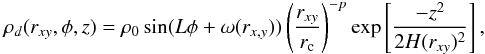 \begin{equation} \rho_d(r_{xy},\phi,z) = \rho_0 \sin(L\phi+\omega(r_{x,y}))\left(\frac{r_{xy}}{r_{\rm c}}\right)^{-p}\exp\left[\frac{-z^2}{2H(r_{xy})^2}\right], \end{equation}