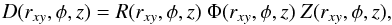 \begin{equation} D(r_{xy},\phi,z) = R(r_{xy},\phi,z)\ \Phi(r_{xy},\phi,z)\ Z(r_{xy},\phi,z), \end{equation}