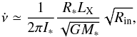 \begin{equation} \label{eq:nudotaccr} \dot{\nu}\simeq\frac{1}{2\pi I_*}\frac{R_* L_{\rm X}}{\sqrt{GM_*}}\sqrt{R_{\rm in}}, \end{equation}