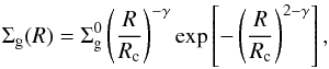 \begin{equation} \Sigma_{\text{g}}(R) = \Sigma_{\text{g}}^{0}\left(\frac{R}{R_{\text{c}}}\right)^{-\gamma} \text{exp}\left[-\left(\frac{R}{R_{\text{c}}}\right)^{2-\gamma}\right], \label{eq:gas} \end{equation}