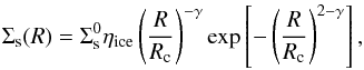 \begin{equation} \Sigma_{\text{s}}(R) = \Sigma_{\text{s}}^{0}\eta_{\text{ice}}\left(\frac{R}{R_{\text{c}}}\right)^{-\gamma} \text{exp}\left[-\left(\frac{R}{R_{\text{c}}}\right)^{2-\gamma}\right], \label{e3} \end{equation}
