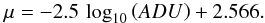 \begin{equation} \mu = -2.5 \, \log_{10} \left( ADU \right) + 2.566. \label{nirsosconv} \end{equation}