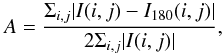 \begin{equation} A = \frac{\Sigma_{i,j} | I(i,j) - I_{180}(i,j)|}{2 \Sigma_{i,j}|I(i,j)|}, \end{equation}