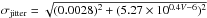\hbox{$ \sigma_{\rm jitter}=\sqrt{(0.0028)^2+(5.27\times 10^{0.4 V -6})^2}$}