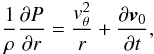 \begin{eqnarray*} \frac{1}{\rho}\frac{\partial P}{\partial r}= \frac{v_{\theta}^{2}}{r}+\frac{\partial\vect{v}_{0}}{\partial t}, \end{eqnarray*}