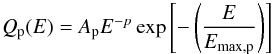 \begin{equation} Q_{\rm p}(E)=A_{\rm p}E^{-p}\exp\left[-\left(\frac{E}{E_{\max, \rm p}}\right)\right] \end{equation}