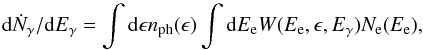 \begin{equation} \label{icm2} {\rm d}\dot{N}_{\gamma}/{\rm d}E_{\gamma}=\int {\rm d}\epsilon n_{\rm ph}(\epsilon) \int {\rm d}E_{\rm e} W(E_{\rm e},\epsilon,E_{\gamma})N_{\rm e}(E_{\rm e}), \end{equation}