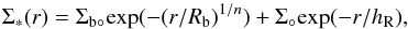 \begin{equation} \Sigma_{\ast}(r)=\Sigma_{\rm b\circ}{\rm exp}(-(r/R_{\rm b})^{1/n})+\Sigma_{\circ}{\rm exp}(-r/h_{\rm R}), \end{equation}