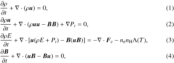 \begin{eqnarray} && \frac{\partial \rho}{\partial t} + \nabla \cdot (\rho \boldsymbol{u}) = 0,~~~~ \\ && \frac{\partial \rho \boldsymbol{u}}{\partial t} + \nabla \cdot (\rho\boldsymbol{u}\boldsymbol{u} - \boldsymbol{B}\boldsymbol{B}) + \nabla P_{{t}} = 0, \\ && \frac{\partial \rho E}{\partial t} + \nabla \cdot [\boldsymbol{u} (\rho E+P_{{t}}) - \boldsymbol{B}(\boldsymbol{u}\boldsymbol{B})] = -\nabla \cdot \boldsymbol{F}_{\mathrm{c}} - n_{\mathrm{e}} n_{\mathrm{H}} \Lambda (T), \label{eq.energy} \\ && \frac{\partial \boldsymbol{B}}{\partial t} + \nabla \cdot (\boldsymbol{u}\boldsymbol{B}-\boldsymbol{B}\boldsymbol{u}) = 0, \end{eqnarray}