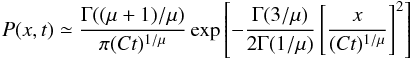 \appendix \setcounter{section}{1} \begin{eqnarray} P(x,t) \simeq {\frac{\Gamma((\mu+1)/\mu)} {\pi (Ct)^{1/\mu}}} \exp \left[-\frac{\Gamma(3/\mu)}{2\Gamma(1/\mu)} \left [{\frac{x}{(Ct)^{1/\mu}}}\right]^2 \right]\label{eqpropclose} \end{eqnarray}