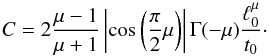 \appendix \setcounter{section}{1} \begin{equation} C = 2 {\frac{\mu - 1}{\mu + 1}} \left| \cos\left ({\frac{\pi}{2}}\mu\right) \right| \Gamma(-\mu) {\frac{\ell_0^{\mu}} {t_0}}\cdot \label{constant_C} \end{equation}