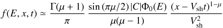 \appendix \setcounter{section}{1} \begin{equation} f(E,x,t)\simeq {\frac{\Gamma (\mu+1)}{\pi}} \, \frac{\sin \left (\pi\mu/2 \right) {|C|} \Phi_0(E)}{\mu(\mu -1)} \, \frac{(x-V_{\rm sh}t)^{1-\mu}}{V_{\rm sh}^{2}} \label{eq7} \end{equation}