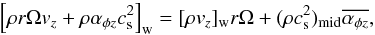 \appendix \setcounter{section}{1} \begin{equation} \left[\rho r \Omega v_z + \rho \alpha_{\phi z}c_{\rm s}^2\right]_{\rm w} =[\rho v_z]_{\rm w} r\Omega + (\rho c_{\rm s}^2)_{\rm mid} \overline{\alpha_{\phi z}}, \end{equation}