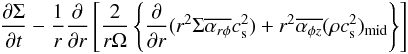 \appendix \setcounter{section}{1} \begin{eqnarray*} \frac{\partial \Sigma}{\partial t} - \frac{1}{r}\frac{\partial}{\partial r} \left[\frac{2}{r\Omega}\left\{\frac{\partial}{\partial r}(r^2 \Sigma \overline{\alpha_{r\phi}}c_{\rm s}^2) + r^2 \overline{\alpha_{\phi z}} (\rho c_{\rm s}^2)_{\rm mid} \right\}\right] \end{eqnarray*}