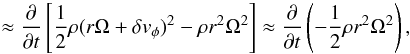 \appendix \setcounter{section}{2} \begin{equation} \qquad \approx \frac{\partial}{\partial t}\left[\frac{1}{2}\rho(r\Omega + \delta v_{\phi})^2 - \rho r^2\Omega^2 \right] \approx \frac{\partial}{\partial t}\left(-\frac{1}{2}\rho r^2\Omega^2\right), \label{eq:tderiv} \end{equation}