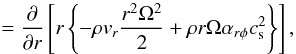 \appendix \setcounter{section}{2} \begin{equation} \qquad=\frac{\partial}{\partial r}\left[r\left\{-\rho v_r \frac{r^2\Omega^2}{2}+\rho r\Omega\alpha_{r\phi}c_{\rm s}^2\right\}\right], \label{eq:rderiv} \end{equation}
