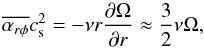 \begin{equation} \overline{\alpha_{r\phi}} c_{\rm s}^2 = -\nu r \frac{\partial \Omega}{\partial r} \approx \frac{3}{2}\nu\Omega, \label{eq:viscosity} \end{equation}