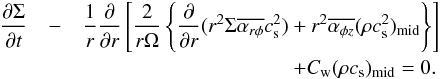 \begin{eqnarray} \frac{\partial \Sigma}{\partial t}& -& \frac{1}{r}\frac{\partial}{\partial r} \left[\frac{2}{r\Omega}\left\{\frac{\partial}{\partial r}(r^2 \Sigma \overline{\alpha_{r\phi}}c_{\rm s}^2) + r^2 \overline{\alpha_{\phi z}} (\rho c_{\rm s}^2)_{\rm mid} \right\}\right] \nonumber\\ &&\qquad\qquad \qquad \qquad\, \qquad+ C_{\rm w}(\rho c_{\rm s})_{\rm mid} = 0. \label{eq:sgmevl} \end{eqnarray}