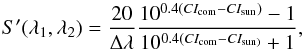 \begin{equation} \label{eq:color} S^\prime(\lambda_1,\lambda_2)=\frac{20}{\Delta\lambda}\frac{10^{0.4(CI_{\mathrm {com}}-CI_{\mathrm {sun}})}-1}{10^{0.4(CI_{\mathrm{com}}-CI_{\mathrm{sun})}}+1} , \end{equation}