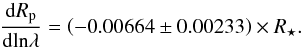 \begin{equation} \frac{\text{d}R_{\rm p}}{\text{dln}\lambda} = \left(-0.00664 \pm 0.00233\right) \times R_{\star}. \end{equation}