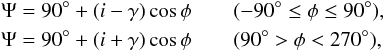 \begin{equation} \begin{aligned} \Psi &= 90\degr + (i-\gamma) \cos{\phi} \qquad (-90\degr \leq \phi \leq 90\degr), \\ \Psi &= 90\degr + (i+\gamma) \cos{\phi} \qquad (90\degr > \phi < 270\degr), \end{aligned} \end{equation}