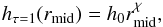 \begin{equation} \label{eq:powerlaw} h_{\tau=1}(r_{\rm mid})=h_0 r_{\rm mid}^\chi, \end{equation}