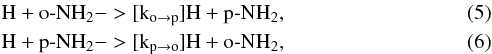 \begin{eqnarray} &&\ensuremath{\rm H + o}\text{-}{\rm NH_2} ->[k_{\rm{o \rightarrow p}}] {\rm H} + \text{p-}\ensuremath{\rm NH_2,}\label{eq:conversion_onh2_pnh2} \\ &&\ensuremath{\rm H + p}\mbox{-}{\rm NH_2} ->[k_{\rm{p \rightarrow o}}] {\rm H + o}\mbox{-}\ensuremath{\rm NH_2,}\label{eq:conversion_pnh2_onh2} \end{eqnarray}
