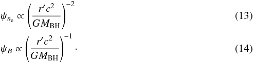 \begin{eqnarray} &&\psi_{n_{\rm e}} \propto \left(\frac{r'c^2}{GM_{\rm BH}}\right)^{-2} \\ &&\psi_{B} \propto \left(\frac{r'c^2}{GM_{\rm BH}}\right)^{-1}\cdot \end{eqnarray}