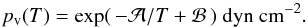 \begin{equation} \label{eq:pres_vap} p\sub{v}( T ) = \exp ( \, - \mathcal{A}/T + \mathcal{B} \, ) \; \mathrm{ dyn~cm^{-2} }. \end{equation}