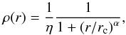 \begin{equation} \rho(r)=\frac{1}{\eta}\frac{1}{1+\left(r/r_{\rm c}\right)^\alpha} \label{eq:king} , \end{equation}