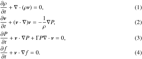 \begin{eqnarray} &&\frac{\partial\rho}{\partial t} + \nabla \cdot (\rho \vec v) = 0,\label{eq:continuity}\\ &&\frac{\partial\vec v}{\partial t} + (\vec v \cdot \nabla)\vec v = - \frac{1}{\rho}\nabla P,\label{eq:euler} \\ &&\frac{\partial P}{\partial t} + \vec v \cdot \nabla P + \Gamma P \nabla \cdot \vec v = 0 ,\label{eq:energy}\\ &&\frac{\partial f}{\partial t} + \vec v \cdot \nabla f = 0. \label{eq:tracer} \end{eqnarray}