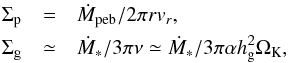 \begin{eqnarray} \sigp & = & \mdotf/2\pi r \vr, \nonumber\\ \sigg & \simeq & \dot{M}_*/3\pi \nu\simeq \dot{M}_*/3\pi \alpha \hg^2 \Omega_{\rm K}, \label{eq:Sigma} \end{eqnarray}