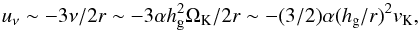 \begin{equation} u_\nu \sim - 3\nu/2r \sim - 3 \alpha \hg^2 \Omega_{\rm K}/2r \sim - (3/2) \alpha (\hg/r)^2 \vk, \label{eq:ur} \end{equation}