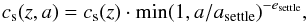 \begin{equation} \label{Sett} c_{\rm s}(z,a)=c_{\rm s}(z)\cdot {\rm min}(1,a/a_\mathrm{settle})^{-e_\mathrm{settle}}, \end{equation}