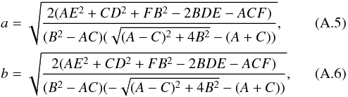 \appendix \setcounter{section}{1} \begin{equation} \begin{array}{c} x_0= \dfrac{(CD-BE)}{(B^2-AC)}, \\ y_0= \dfrac{(AE-BD)}{(B^2-AC)}, \end{array} \end{equation}