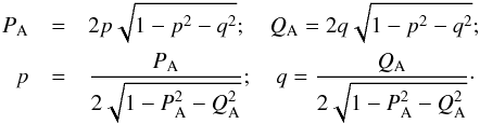 \begin{eqnarray} \label{eq-pqPQ} P_{\rm A}&=&2p\sqrt{1-p^2-q^2};~~~~Q_{\rm A}=2q\sqrt{1-p^2-q^2};\nonumber\\ p &=& \frac{P_{\rm A}}{2\sqrt{1-P_{\rm A}^2-Q_{\rm A}^2}};~~~~q = \frac{Q_{\rm A}}{2\sqrt{1-P_{\rm A}^2-Q_{\rm A}^2}}\cdot \end{eqnarray}