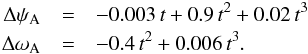 \begin{eqnarray} \Delta\psi_{\rm A} & =& -0.003\,t+0.9\,t^2+0.02\,t^3 \nonumber \\ \Delta\omega_{\rm A} & =& -0.4\,t^2+0.006\,t^3. \end{eqnarray}