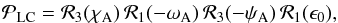 \begin{eqnarray} \mathcal P_{\rm LC}=\mathcal R_3(\chi_{\rm A})\,\mathcal R_1(-\omega_{\rm A})\, \mathcal R_3(-\psi_{\rm A})\,\mathcal R_1(\epsilon_0), \end{eqnarray}
