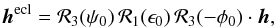 \begin{eqnarray} \bm h^{\rm ecl} = \mathcal R_3(\psi_0)\,\mathcal R_1(\epsilon_0)\,\mathcal R_3(-\phi_0)\cdot \bm h, \end{eqnarray}