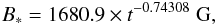 \begin{eqnarray} B_* = 1680.9 \times t^{-0.74308} \rm{~G}, \end{eqnarray}