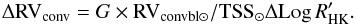\begin{equation} \Delta {\rm RV}_{\rm conv} = G \times {\rm RV}_{\rm convbl \odot}/{\rm TSS_{\rm \odot}} \Delta {\rm Log}\,R'_{\rm HK} . \end{equation}