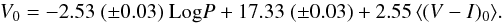 \begin{equation} \label{equation:vo} V_{0} = -2.53\ (\pm 0.03)\ {\rm Log} P + 17.33\ (\pm 0.03) + 2.55\mean{(V - I)_{0}}\! . \end{equation}