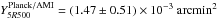 \hbox{$Y_{5R500}^{\rm{Planck/AMI}} = (1.47 \pm 0.51) \times 10^{-3}~\mathrm{arcmin^2}$}